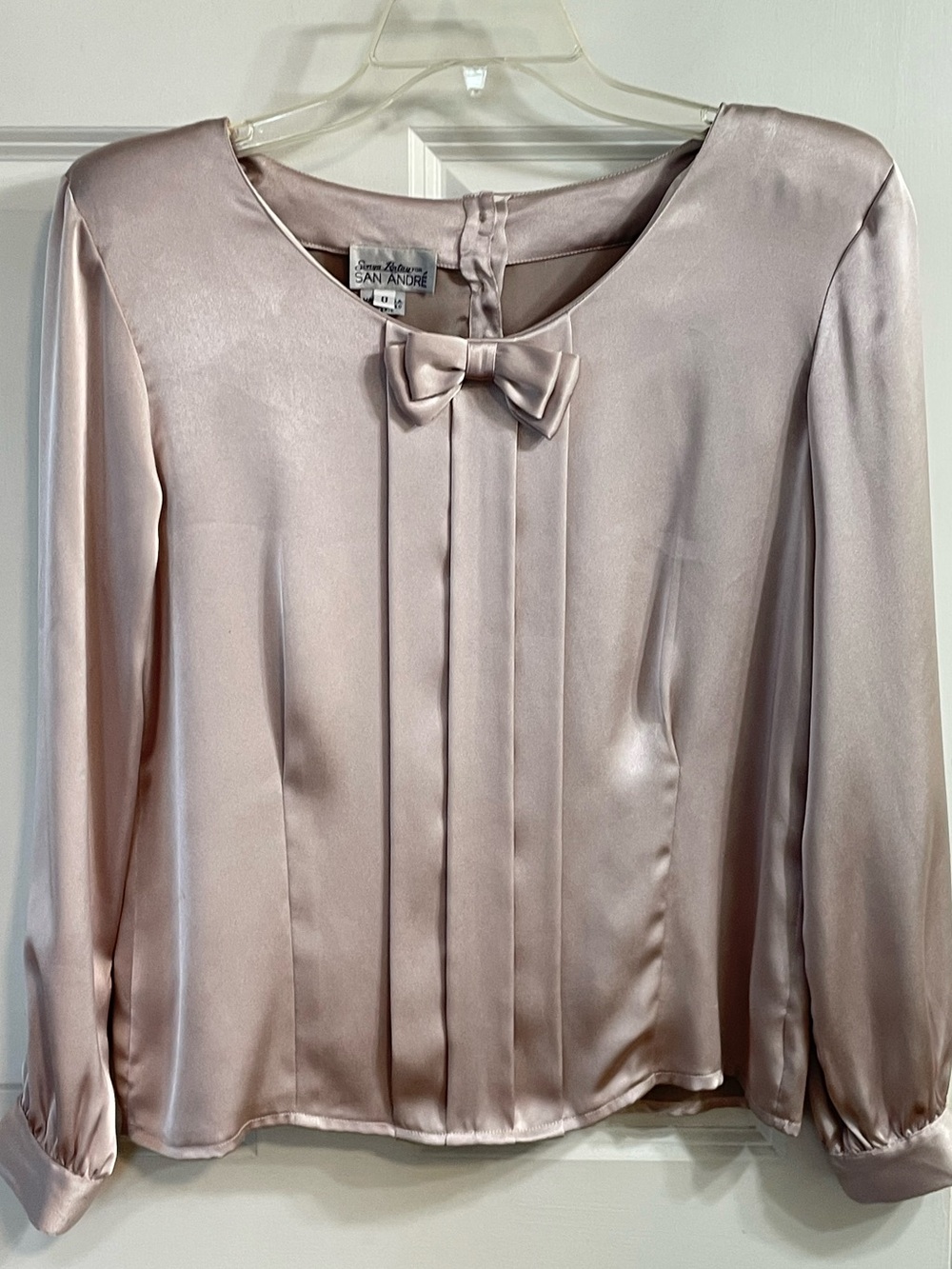 Vintage San Andre Satin Bow Blouse Size 8 Dusty Mauve Pleated Secretary - Picture 2 of 6